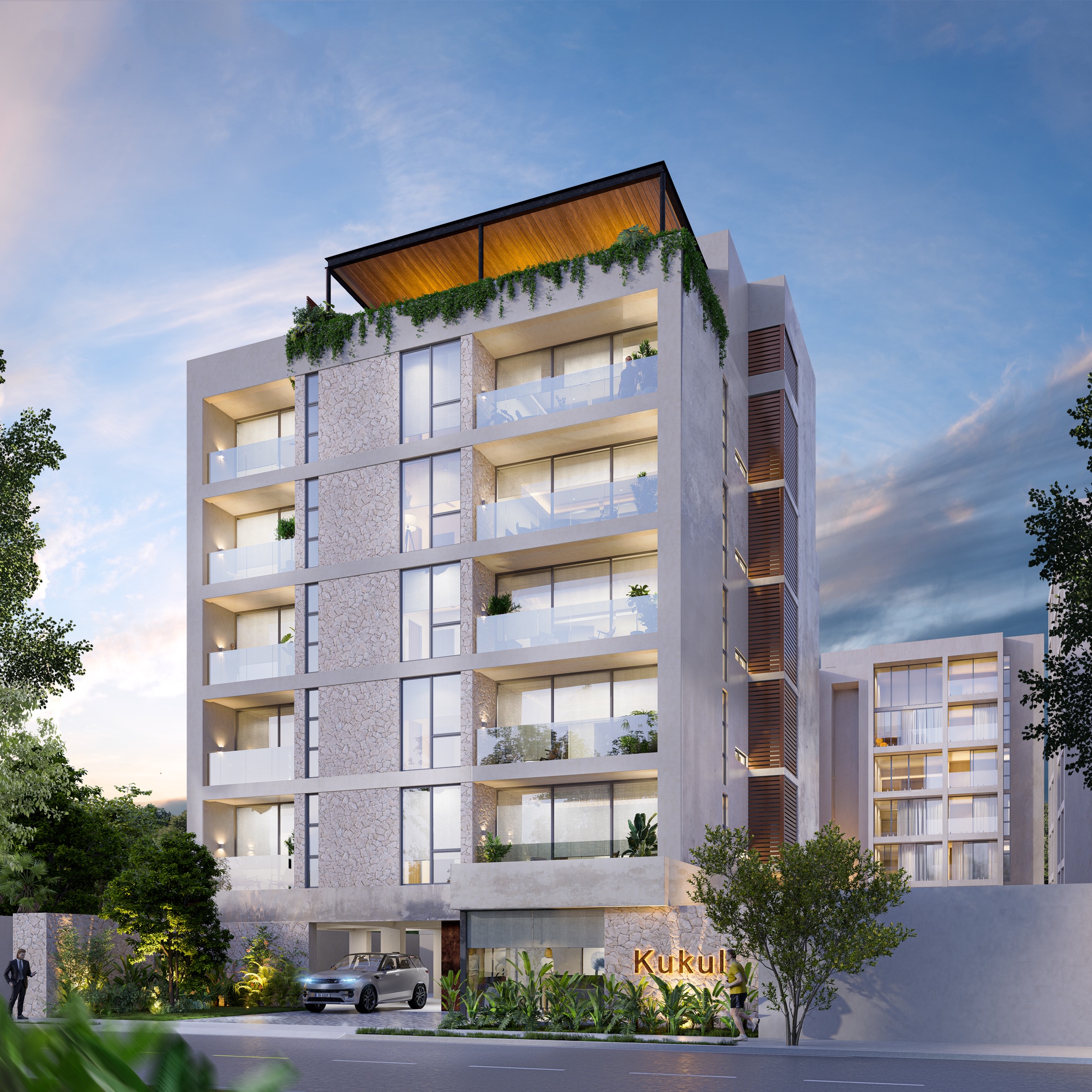 Vista exterior del proyecto residencial Kukul al atardecer